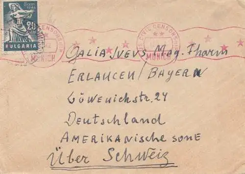 Bulgarie 1947: Lettre de Widinn à Erlangen sur la Suisse: Centre américain de la civilisation