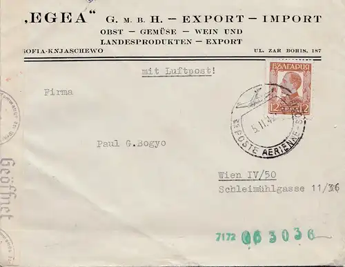 Bulgarie 1942: Lettre de Sofia à Vienne: Aéroport: Vin, Fruits, Légumes - censure