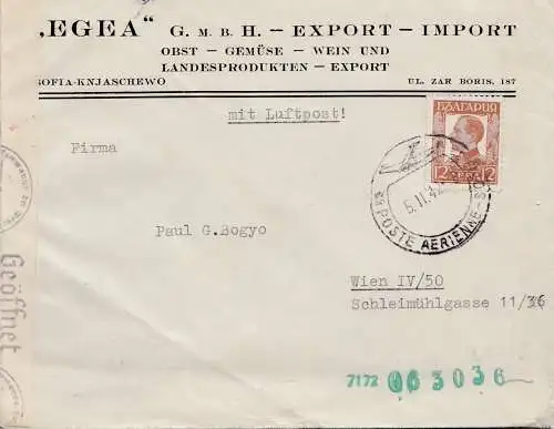 Bulgarie 1942: Lettre de Sofia à Vienne: Aéroport: Vin, Fruits, Légumes - censure