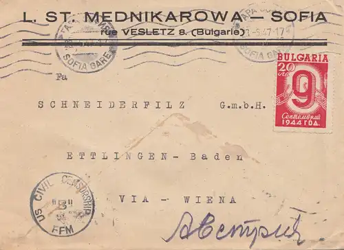 Bulgarie: 1947: Lettre de Sofia à Vienne: US Civil Censorship Francfort