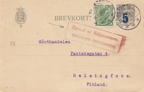 Dänemark: 1919: Ganzsache Faaborg nach Finland - Kriegszensur