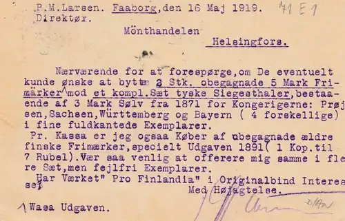 Dänemark: 1919: Ganzsache Faaborg nach Finland - Kriegszensur