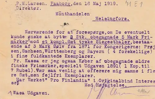 Danemark: 1919: Affaire entière Faaborg vers Finlande - censure de guerre