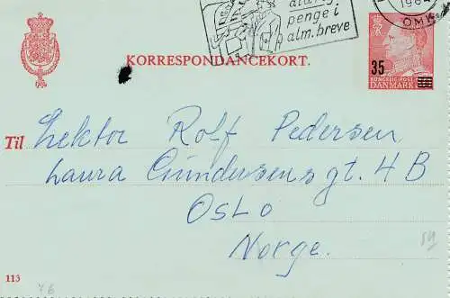 Dänemark: 1964 Kartenbrief von Kopenhagen nach Oslo mit Textinhalt