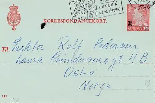 Danemark: lettre de Copenhague à Oslo en 1964 avec texte