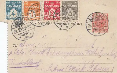 Dänemark: 1912: Ganzsache Kartenbrief Allinge nach Deutschland