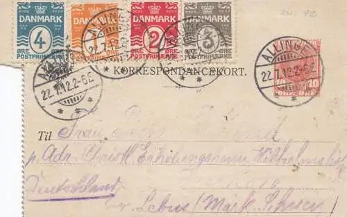 Danemark: 1912: tout le courrier de carte Allingen vers l'Allemagne