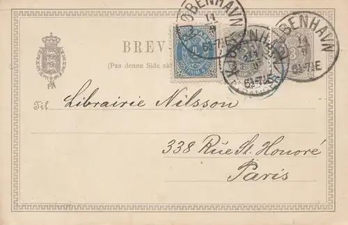 Dänemark: 1889: Ganzsache Kopenhagen nach Paris