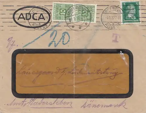 Dänemark: 1927: Dresden nach Dänemark: Taxe-Nachporto