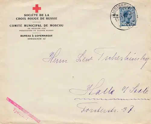 Danemark: 1917: Croix Rouger de russie/Copenhagen vers Halle/D