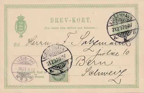 Dänemark: 1897: Ganzsache von Kopenhagen nach Bern/Schweiz