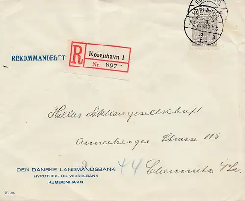 Danemark: 1928: recommandé Copenhague à Chemnitz; Perfin