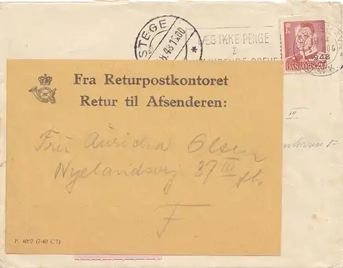 Danemark: 1943: Lettre de Stege à Copenhague: Retourpostkontoret