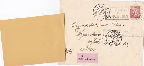 Danemark: 1943: Lettre de Stege à Copenhague: Retourpostkontoret