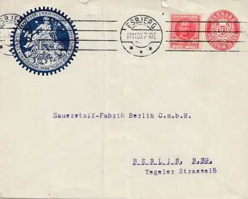 Dänemark: 1909: Ganzsachen Brief von Esbjerg nach Berlin-Sauerstoff Fabrik