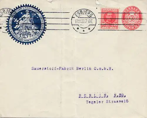Danemark: 1909: Lettre d'Esbjerg à Berlin-Sacient Fabrik