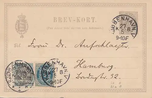 Dänemark: 1896: Ganzsache Kopenhagen nach Hamburg
