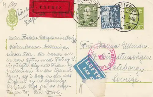 Dänemark: 1943: Eilboten-Luftpost Hellerup nach Schweden