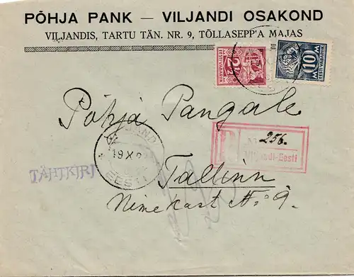 Estonie: 1922: lettre recommandée Viljandis à Tallinn