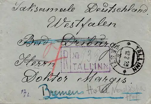 Estland: 1923: Einschreiben Tallinn nach Bremen