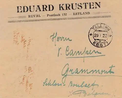 Estland: 1922: Brief von Tallinn nach Belgien