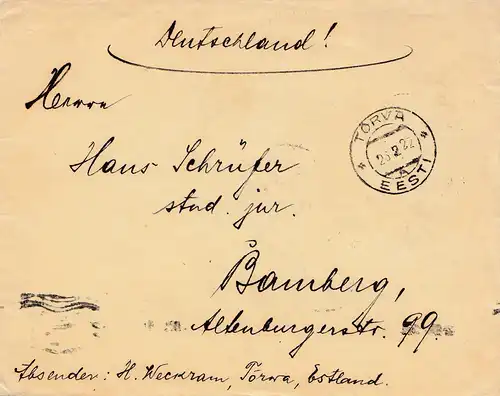 Estonie: Lettre de Torva à Bamberg en 1922
