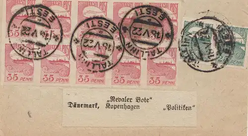 Estland: 1922: Streifbandvorderseite von Tallinn nach Dänemark