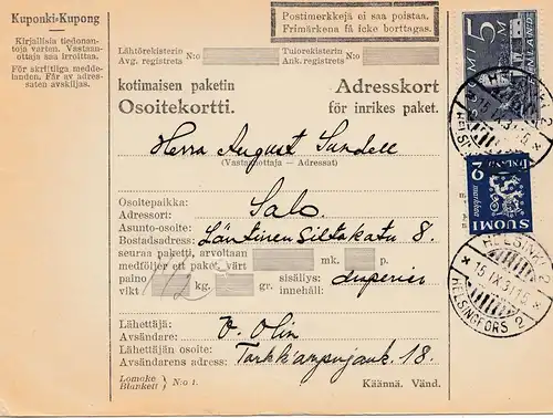 Finnland: 1931: Paketkarte Helsinki nach Salo