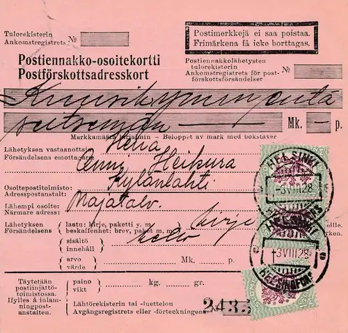 Finlande: 1928: Carte de paquets Helsinki vers Kylänlahti