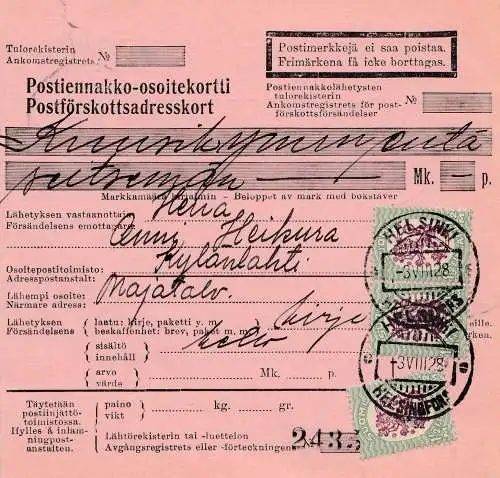 Finnland: 1928: Paketkarte Helsinki nach Kylänlahti