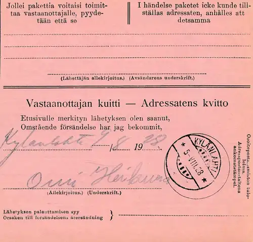 Finnland: 1928: Paketkarte Helsinki nach Kylänlahti