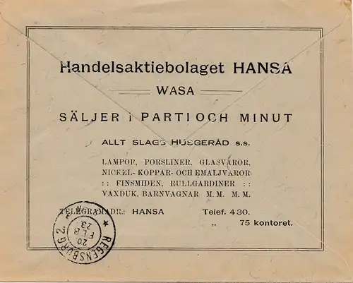 Finlande: 1923: Lettre recommandé de Vasa à Ratisbonne