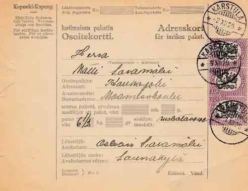 Finnland: 1929: Paketkarte Karstula