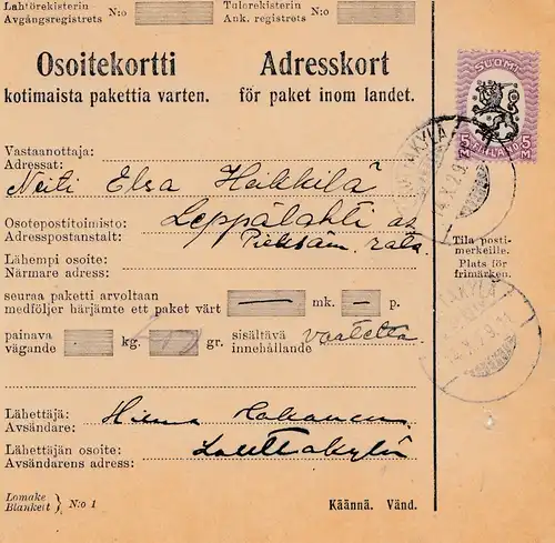Finlande: 1929: Carte de paquets