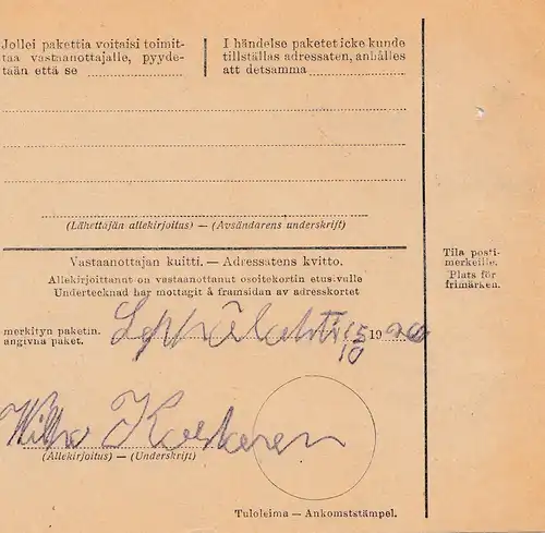 Finnland: 1929: Paketkarte 