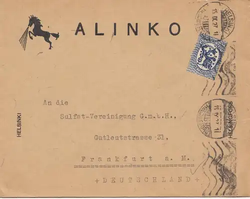 Finlande: 1927 Helsinki vers Francfort/M - Cheval