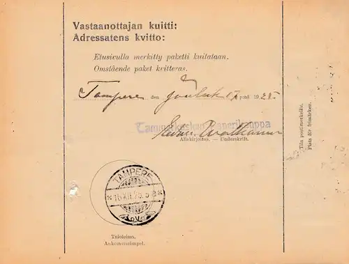 Finnland: 1925 Paketkarte  nach Tampere