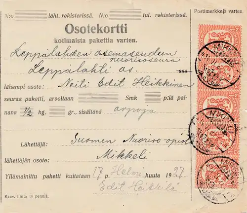 Finnland: 1927: Paketkarte Mikkeli