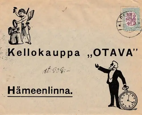 Finlande: 1928: après Hämeenlinna; Horloge, Ange, forgeron, anneau