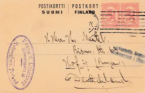 Finnland: 1914: Post card Helsinki nach Hof/Deutschland