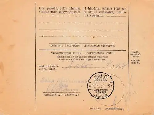 Finnland: 1931: Paketkarte Lapua nach Salo