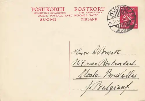 Finlande: 1933: entier avec carte de réponse de Kuopio à la Belgique P71