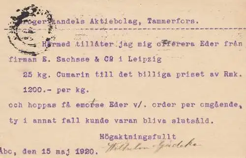 Finnland: 1920: Ganzsache Abo Tampere