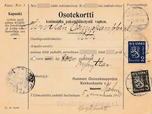 Finnland: 1930: Paketkarte von Malm