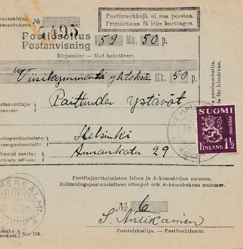 Finlande: 1930 Ordre postal de Vehmersalm