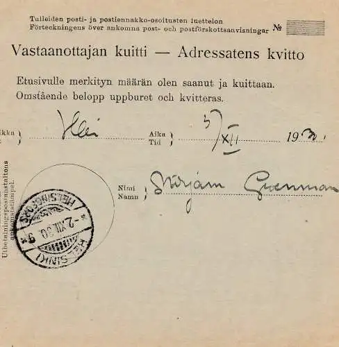 Finlande: 1930 Ordre postal de Vehmersalm