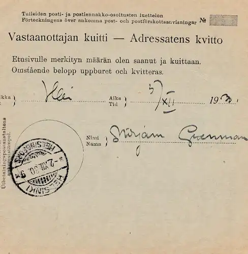 Finnland: 1930 Postanweisung von Vehmersalm
