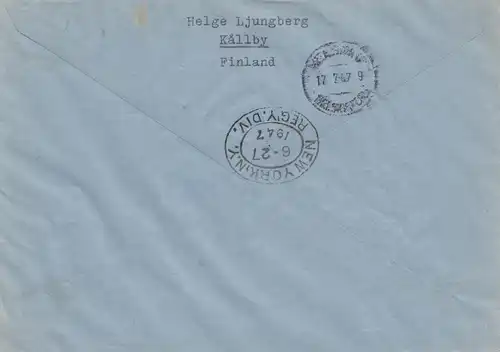 Finnland: 1947: Einschreiben / Luftpost von Helsinki nach USA