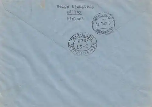 Finnland: 1947: Einschreiben / Luftpost von Helsinki nach USA