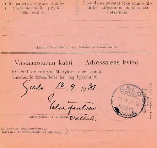 1931: Paketkarte nach Salo